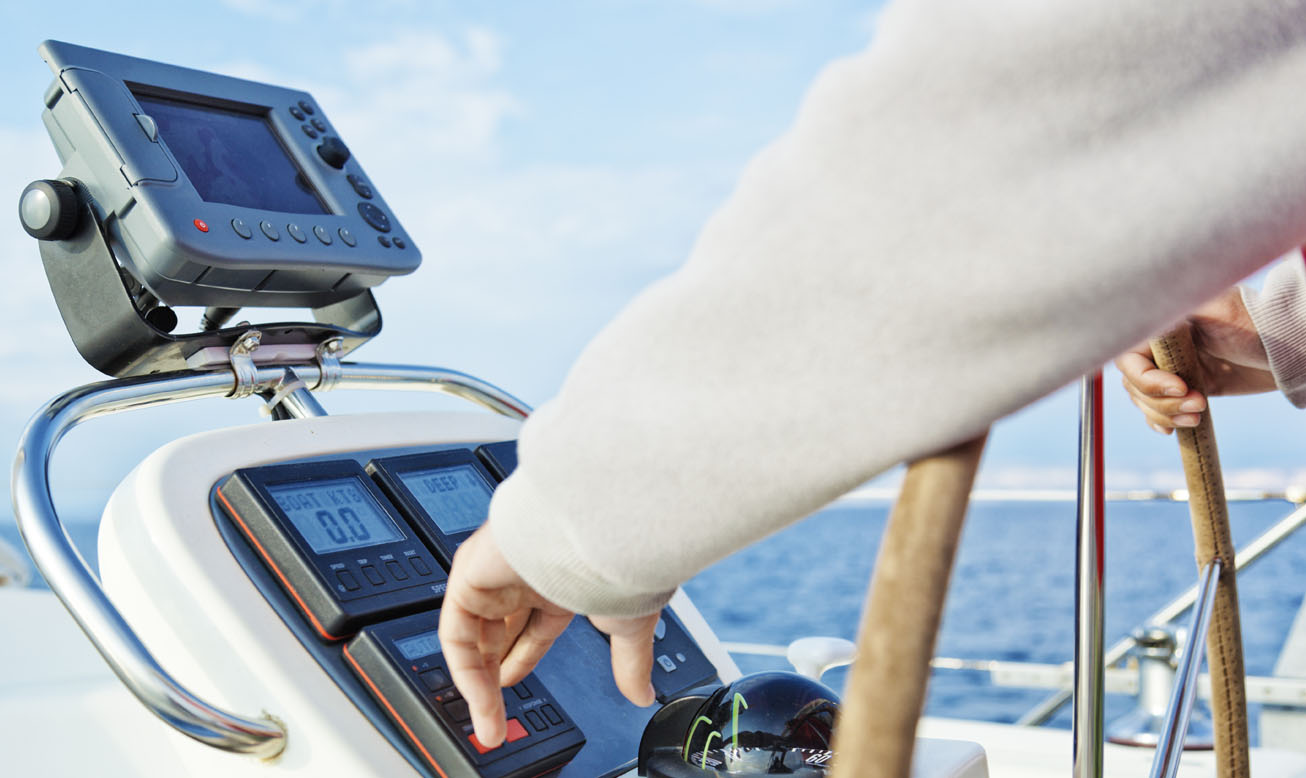 Marine electronics display at a boat helm