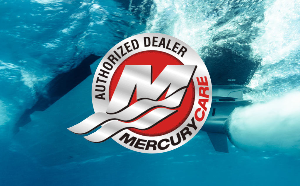 Mercury Marine authorized dealer logo with boat engine underwater
