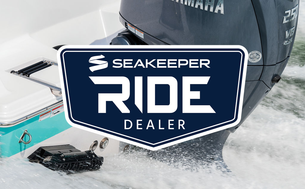 Authorized Seakeeper Ride dealer logo on performance boat with Yamaha outboard