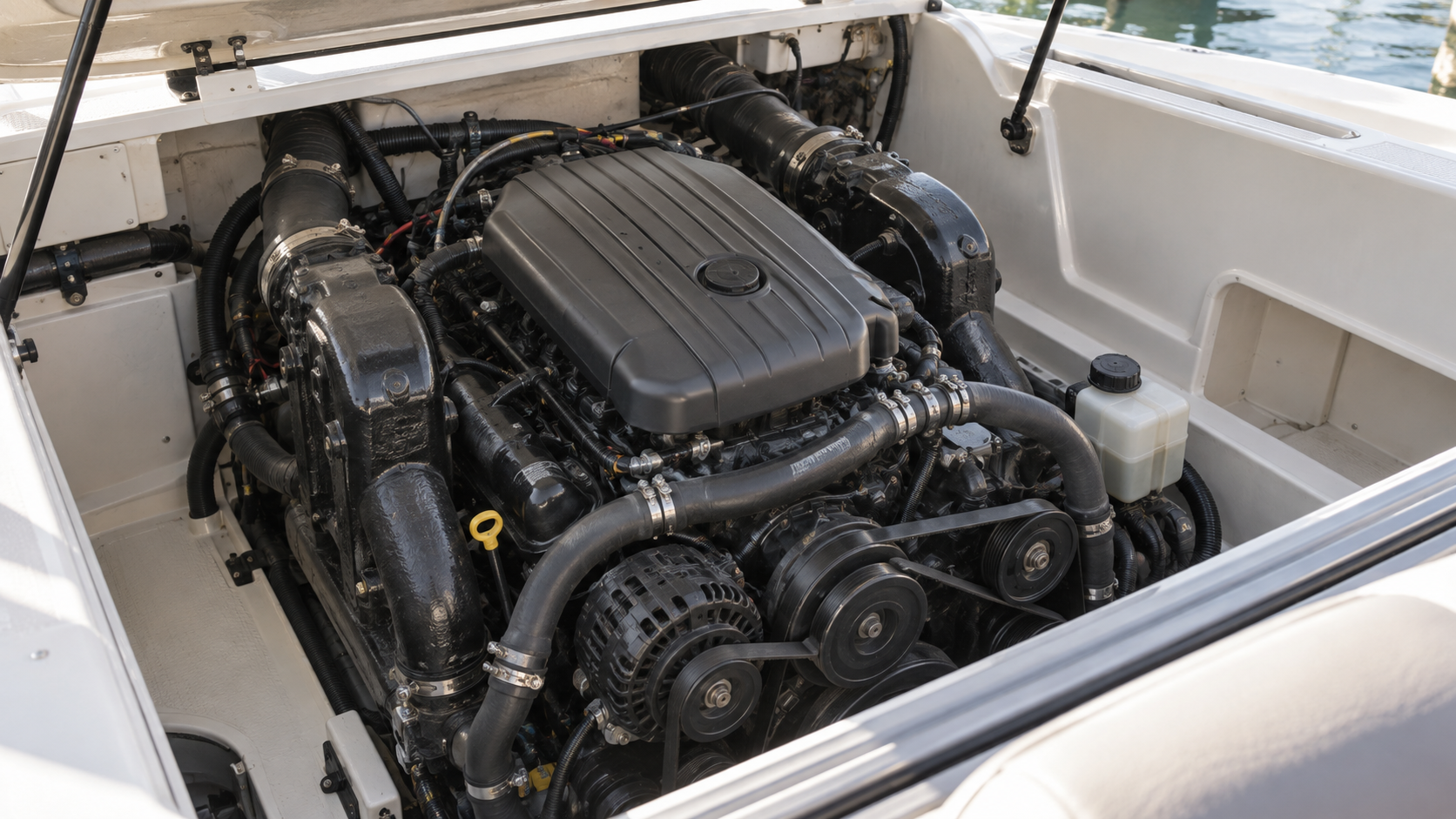 boat-engine-storage-preparation Inboard boat engine with cooling hoses and exhaust components visible beneath an open hatch.