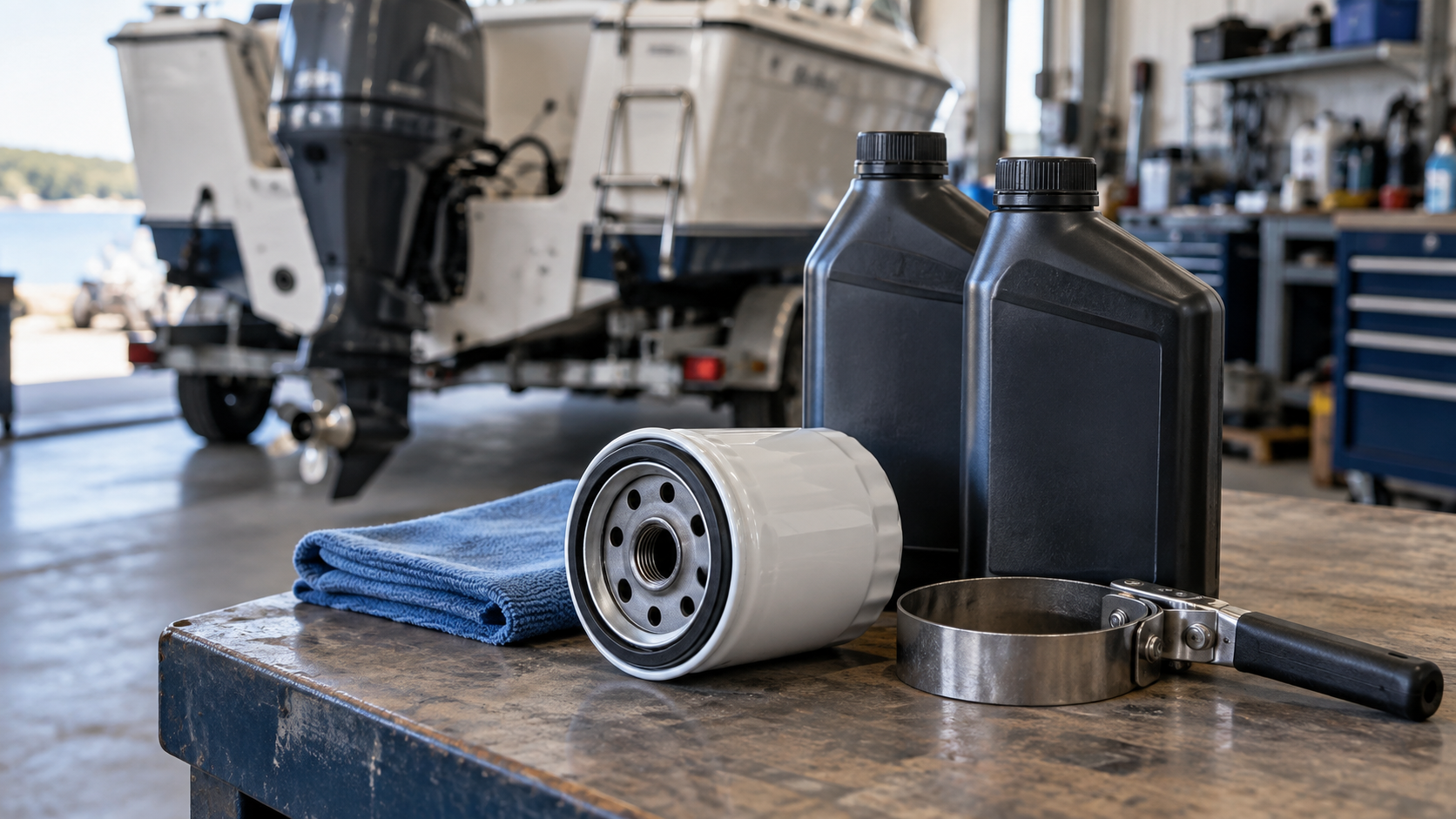 boat-oil-filter-service Oil filter, lubricant bottles, and a filter wrench on a workbench beside a boat awaiting service.