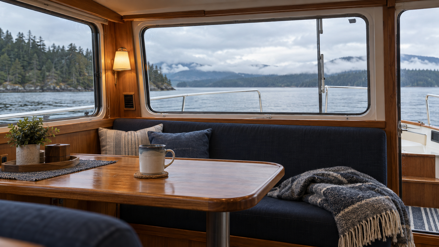 cozy-boat-cabin-puget-sound Cozy boat cabin with a wood dinette, navy seating, and a blanket overlooking calm water and a forested shoreline.