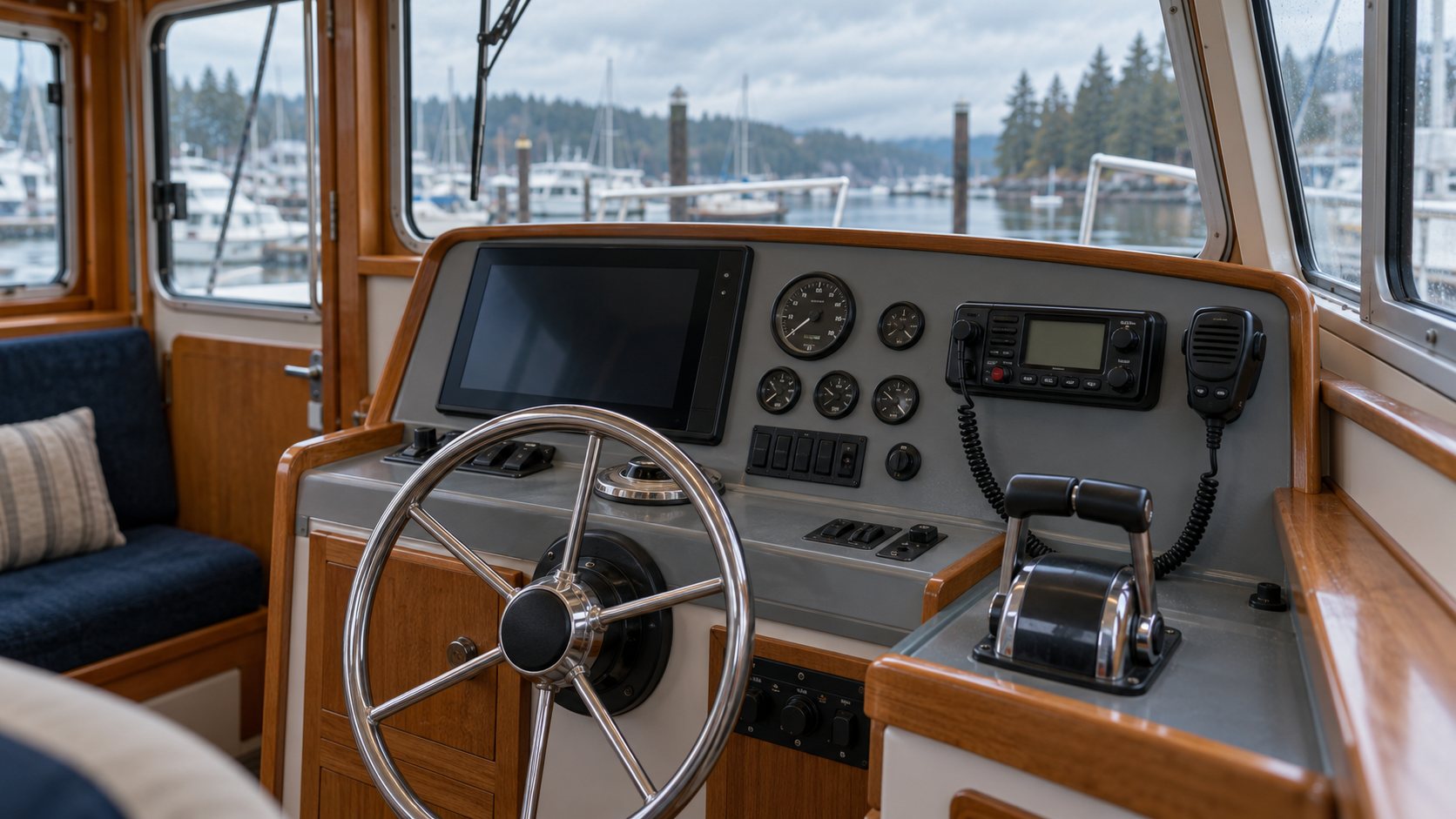 Boat helm with a steering wheel, dark navigation display, engine gauges, and marine radio.