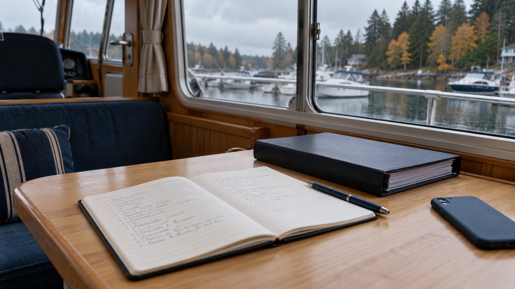 Open notebook, maintenance binder, and phone on a boat cabin table overlooking a marina.