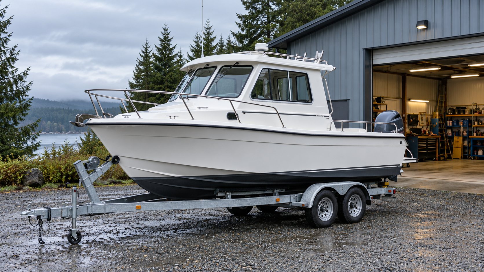 White pilothouse boat on a trailer outside a workshop on an overcast day.